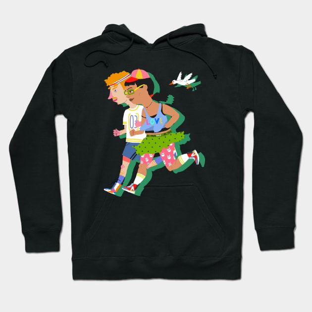 Running couple with bird Hoodie by ezrawsmith